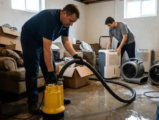 A crew extracting water while dehumidifiers run in the room