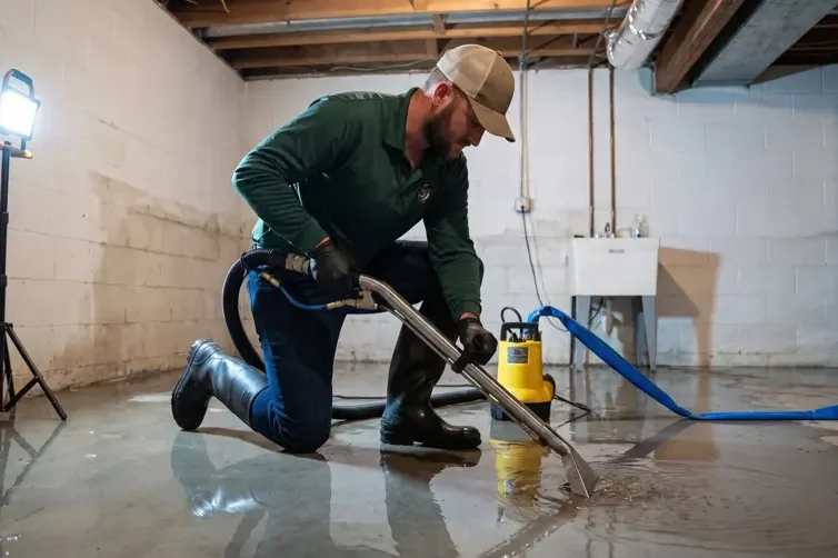 A water damage restoration crew pulling standing water out of a home with extraction equipment and hoses laid across the floor