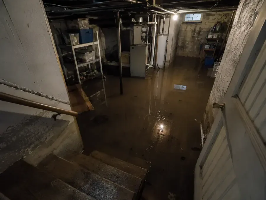Storm water standing in a dark basement at the foot of the stairs in a house