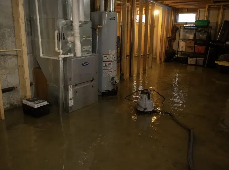 Water covering a basement floor while a pump runs beside the furnace