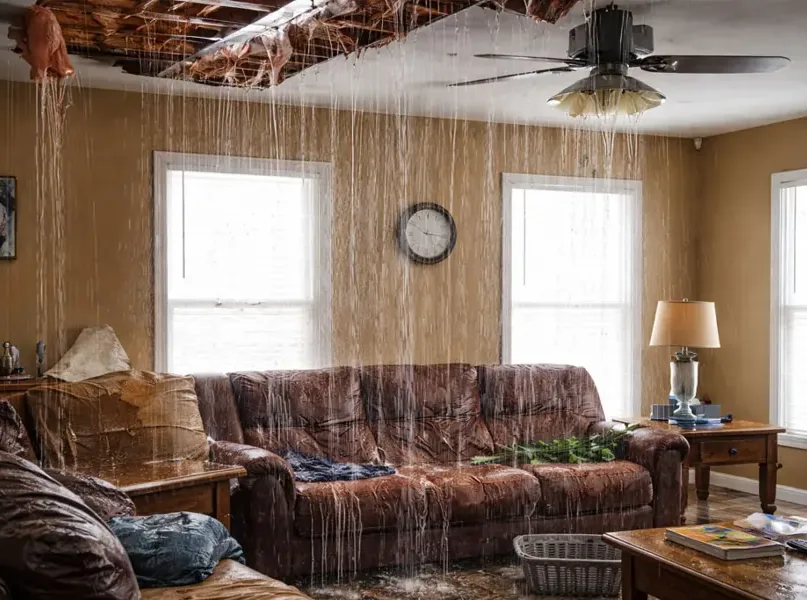 Water falling through a collapsed living room ceiling from a burst pipe above