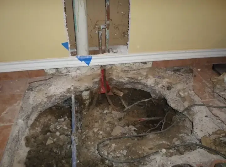 Wet flooring lifted to expose the concrete where a slab leak surfaced