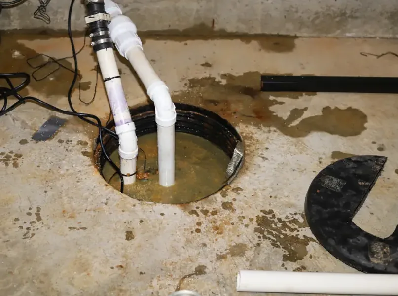 A sump pit holding standing water in a basement floor