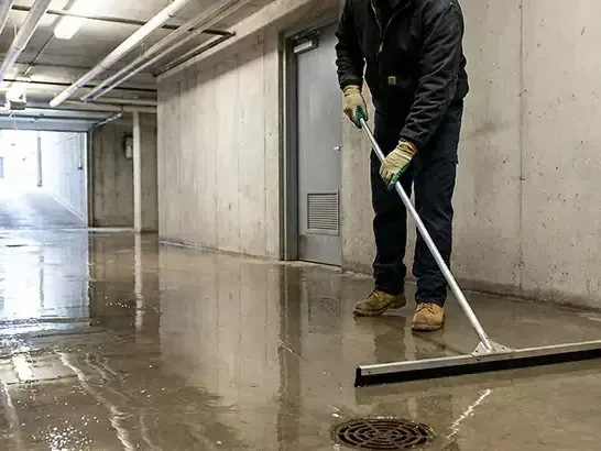 A squeegee moving standing water toward the floor drain in a basement hallway